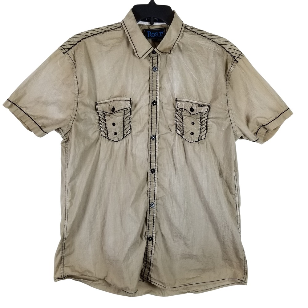 Roar Button Down Shirt Mens Large Tan Signature Tactful JR Contrast Stitch Moto